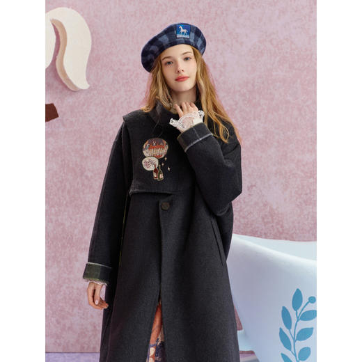 【暖冬内购】两三事午夜飞行2025秋冬新款复古印花贴布绣格子双面羊毛呢外套女 商品图1