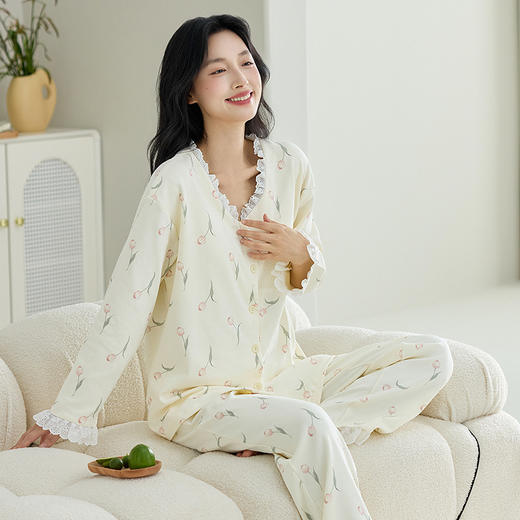 睡衣女春秋季开衫纯棉长袖长裤蕾丝甜美可爱可外穿女士家居服套装 商品图0