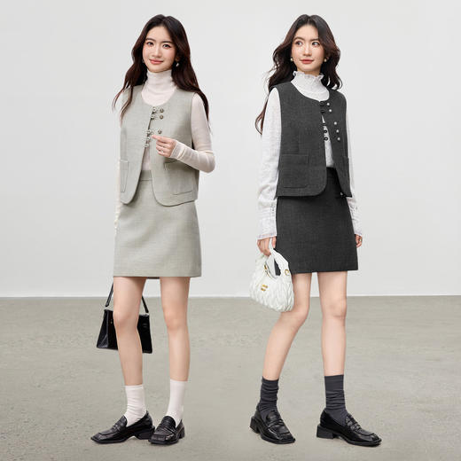 【内购】【省心两件套】通勤金属扣裙摆开叉马夹&高腰直筒短裙两件套-154ZA3948 商品图2