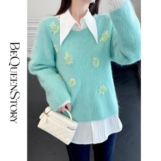 余潇潇【莱茵梦境】羊驼毛混纺纱线重工立体花朵刺绣大V领落肩毛衣 商品图2