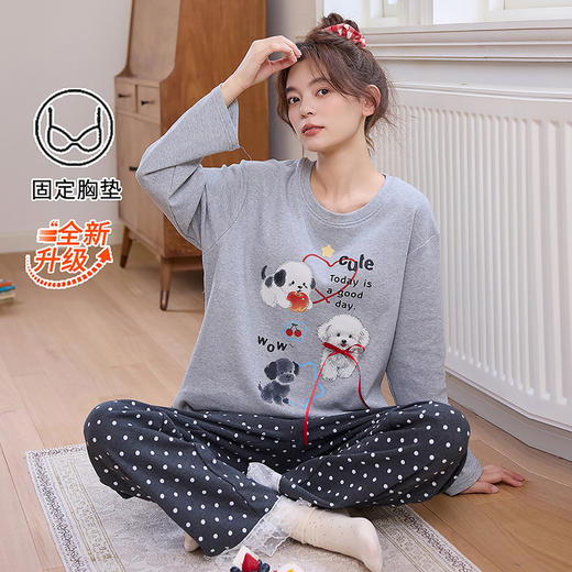 全棉睡衣女带胸垫春秋季长袖卡通可爱风两件套装纯棉韩版家居服冬 商品图4