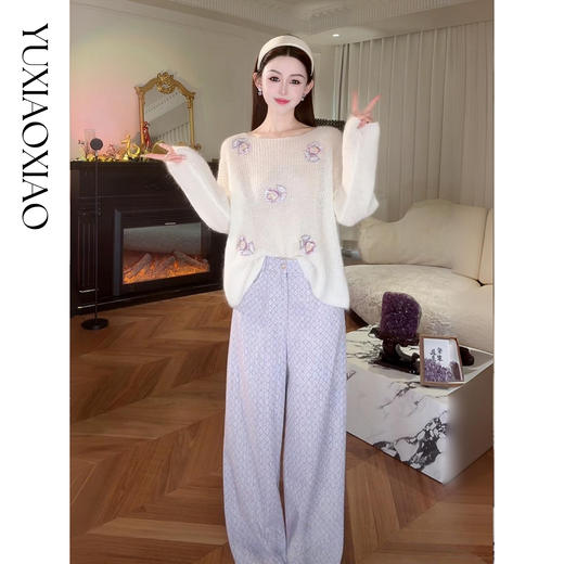 余潇潇【云柔花恋】慵懒松弛感马海毛绵羊毛混纺宽松落肩一字毛衣 商品图3