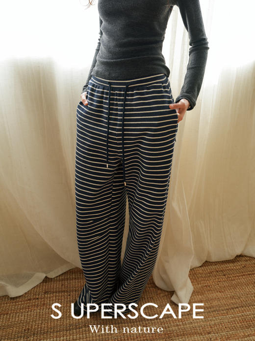 素舶 天然肌理棉舒适垂感撞色条纹宽松阔腿抽绳慵懒风卫裤长裤女 商品图0