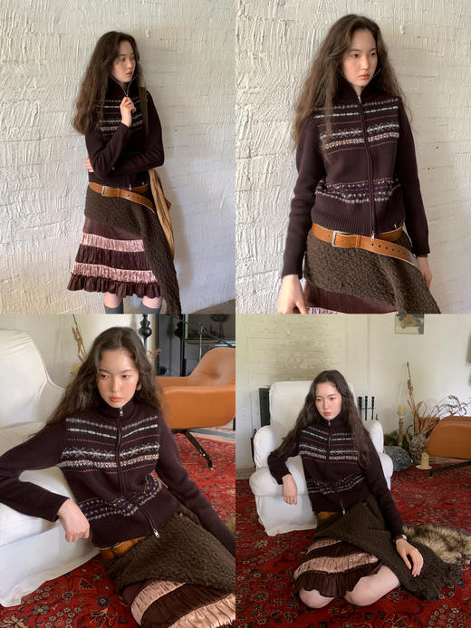 素舶 澳洲美利奴羊毛光泽细腻雪花费尔岛高领拉链短款针织开衫 商品图3