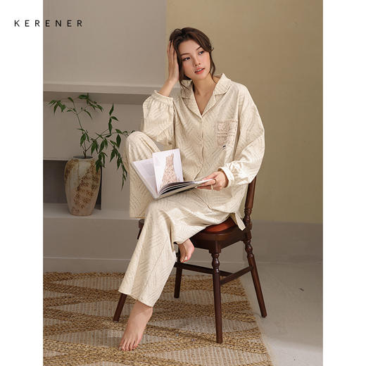 可人儿春秋季带胸垫奥力棉女士长袖长裤睡衣可外出纯棉家居服套装 商品图3