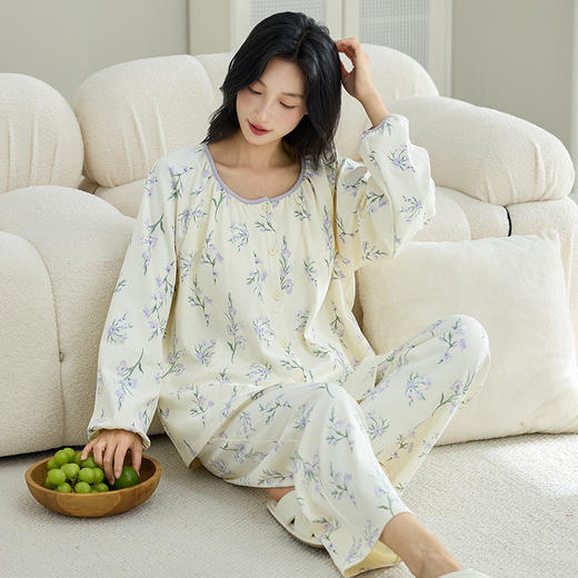 睡衣女春秋季开衫纯棉长袖长裤蕾丝甜美可爱可外穿女士家居服套装 商品图3