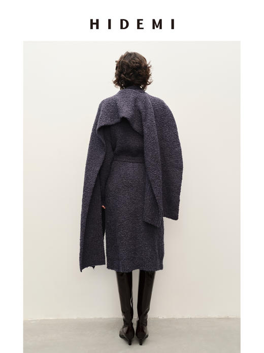 HIDEMI 羊驼毛系列静谧蓝加厚浴袍式腰带款慵懒大衣两件套 大衣/长坎肩 商品图3