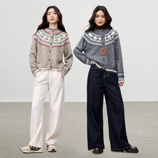 【内购】【费尔岛提花图案】圆领单排扣插肩袖含绵羊毛软糯弹力开衫毛衣-W54EB3649 商品图2