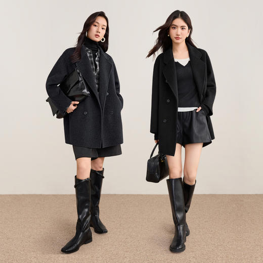 【内购】【理想大衣】气质通勤平驳领落肩短款双排扣佰搭双面呢大衣-W54OA8786 商品图2