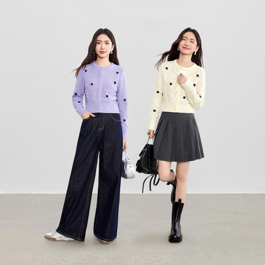 【内购】【撞色花朵刺绣】圆领单排珠扣菱形肌理16支孔雀绒软糯开衫针织衫-W53HB3475 商品图2