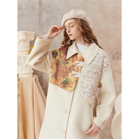 【暖冬内购】两三事梵高文艺冬雪手稿2025秋冬新款印花布拼接可拆毛领毛呢外套