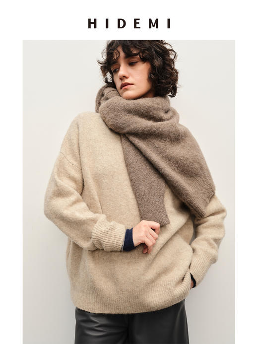 HIDEMI 羊驼毛牦牛绒粗针厚款圆领廓形极简宽松毛衣 商品图0