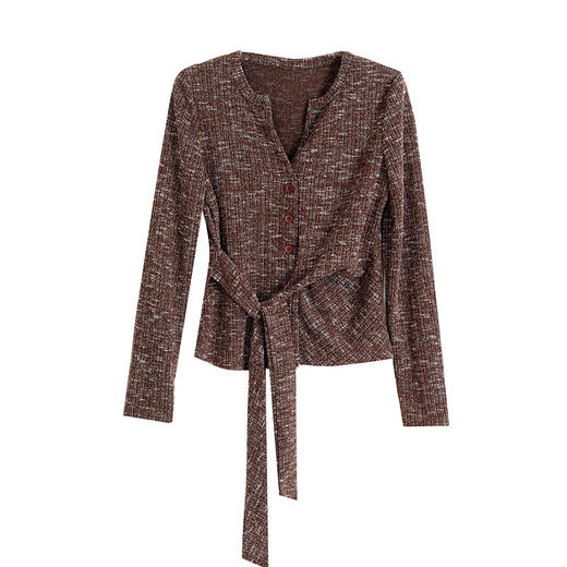 KQL A83N3180咖色V领正肩长袖T恤绑带收腰上衣 商品图4