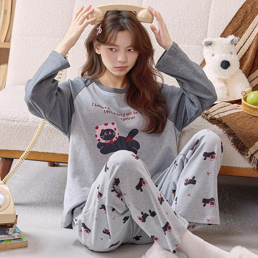家居服新款学生可爱带胸垫睡衣女秋季套头长袖长裤甜美少女格子卡通可外穿秋冬家居服 商品图9