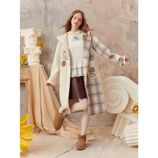 两三事梵高文艺薄雾诗行2025秋冬款向日葵绣花连帽格子毛呢外套女 商品图2