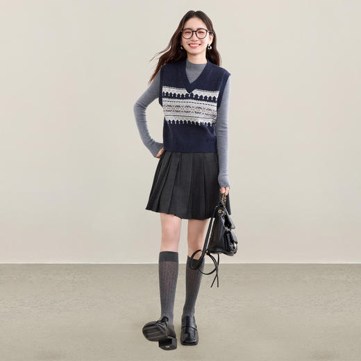 【内购】【外穿/内搭】通勤费尔岛撞色提花V领宽松显瘦弹力毛织马夹-W54JB3648 商品图2