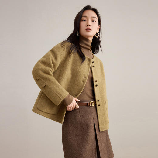【内购】【绵羊毛】多色可选轻奢智感圆领双粒扣保暖厚双面呢直筒落肩外套-W54OG1883 商品图1