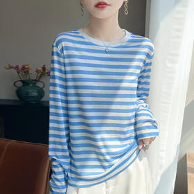 奥伊米初秋100%天丝初秋圆领条纹撞色薄款打底衫YTMA110