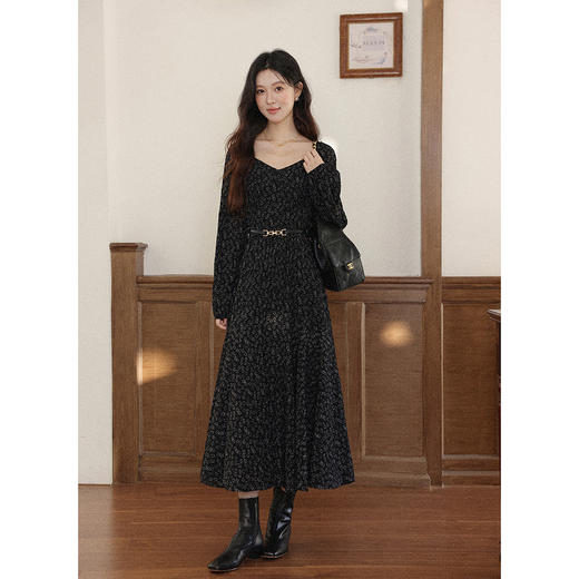 鹿向南「墨雨碎花」黑色长袖碎花连衣裙女秋季新款高腰设计感长裙 商品图0