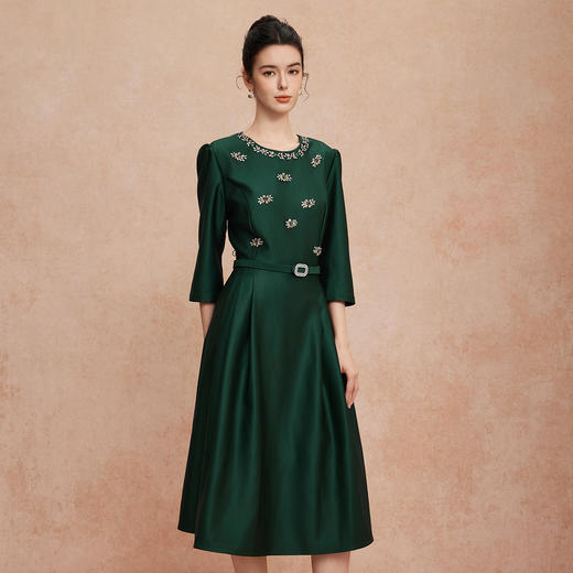 QG804斯尔丽25新款法式浪漫镶钻场合礼服配本色腰带收腰放摆显高连衣裙 商品图2