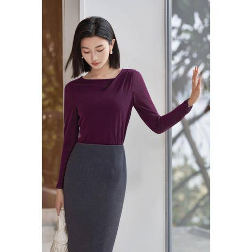 剩S/M/L/XL 西梅紫一字领T恤 米思阳2026春季新款纯色百搭长袖T恤女4397 商品图3