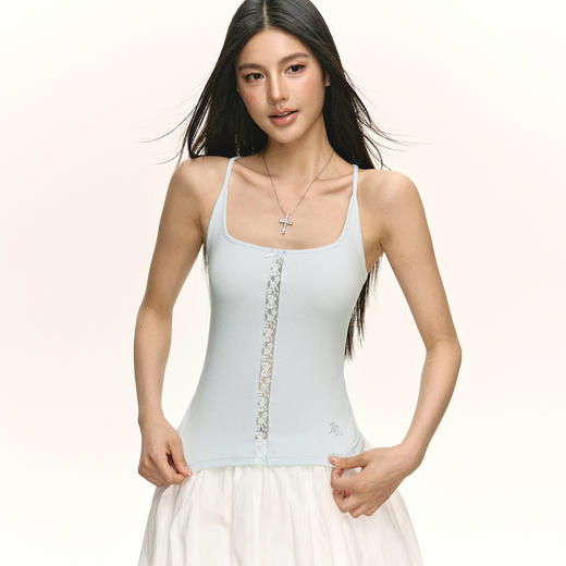 Ariseism 美式复古设计感浅蓝色中间镂空背心女夏季新款上衣 商品图4
