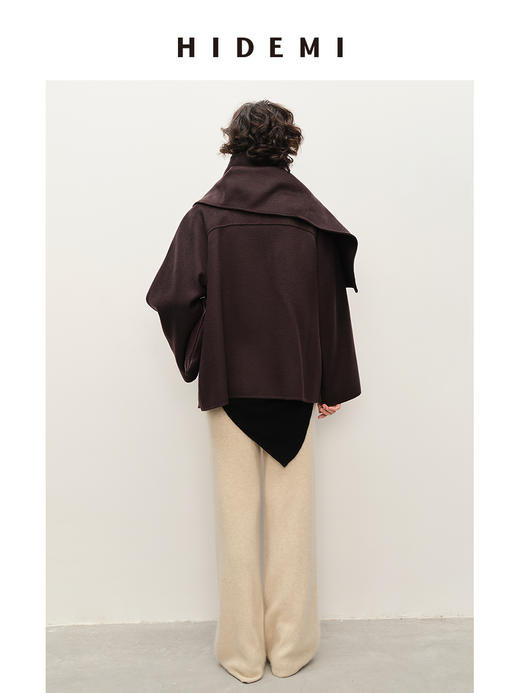 HIDEMI 深咖色分体披肩式纽扣设计感美利奴羊毛双面呢大衣外套女 商品图5