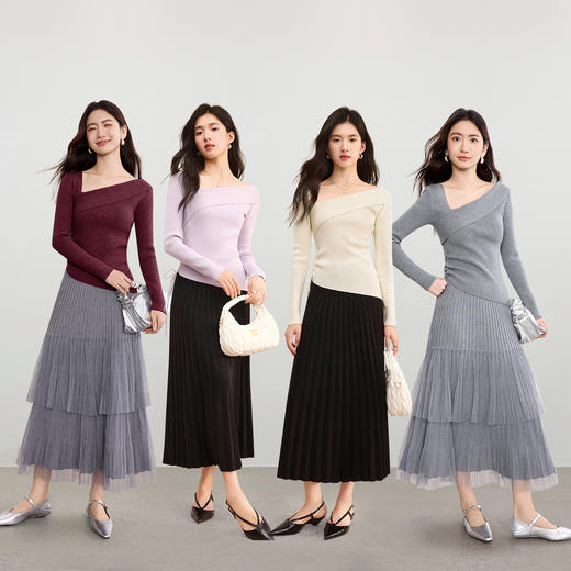 【内购】【翻折斜领】优雅通勤聚会腰侧抽绳设计修身弹力坑条针织衫-W53HA3051 商品图2