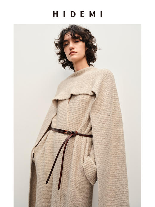 HIDEMI 耗牛毛系列燕麦米加厚款浴袍式腰带款慵懒大衣两件套 大衣/长坎肩 商品图1