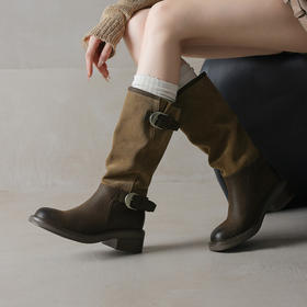 【预售7天】真皮厚底英伦风皮带扣中筒靴子堆堆靴骑士靴女圆头长筒靴KYD&KK12950