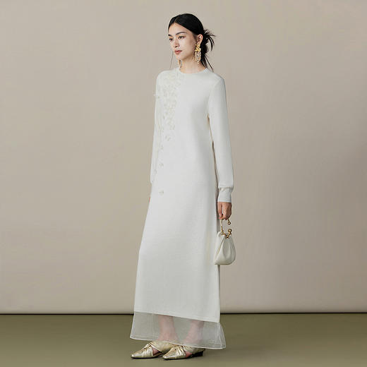 【林栖设计小店】（预售1.3）山茶知雾系列毛织连衣裙拼桑蚕丝飞片飘逸立体花朵2025秋冬新款长裙女1954082 商品图8