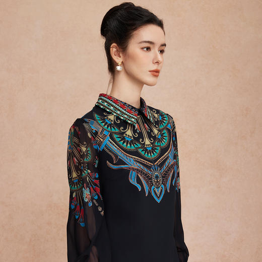 QG803斯尔丽25新款时尚减龄复古贵气印花衬衣领大身H型薄纱袖子连衣裙 商品图4