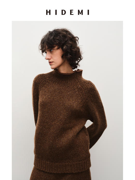 HIDEMI美利奴羊毛巧克力花纱立领极简厚款套装 毛衣/茧型半裙 商品图4