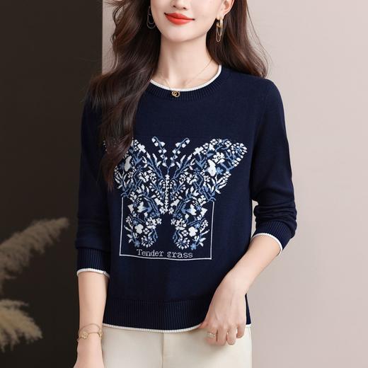 蝴蝶提花圆领针织衫， 复古风长袖显瘦套头百搭毛衣上衣CC-89-855 商品图3