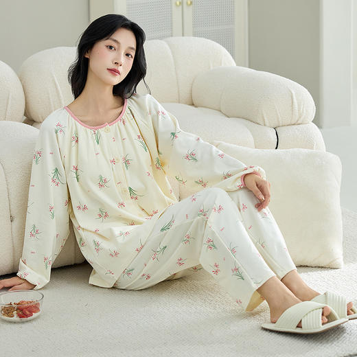 睡衣女春秋季开衫纯棉长袖长裤蕾丝甜美可爱可外穿女士家居服套装 商品图2
