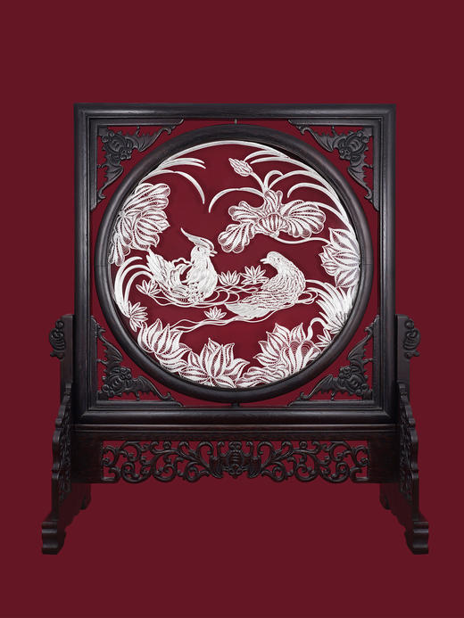 子佩集S999银手工银花丝【鸳鸯戏莲】双面旋转花丝台屏【YYXLHATP】大师工坊原创设计2508 商品图1