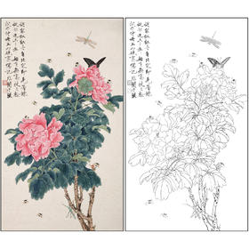 工笔画白描底稿于非闇花鸟《胡家红牡丹》临摹勾线高清打印稿FA37