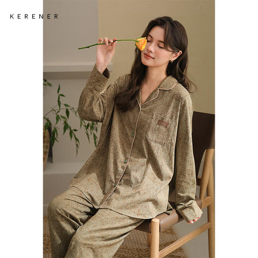 可人儿春秋季带胸垫奥力棉女士长袖长裤睡衣可外出纯棉家居服套装 商品图1