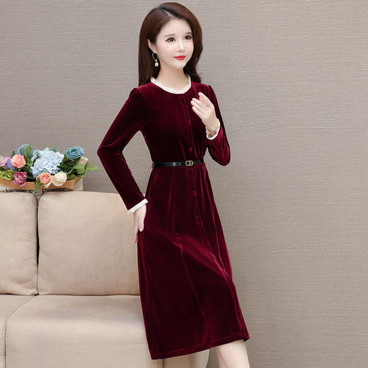 QYM 1315C362-Y连衣裙时尚花边圆领中长款收腰裙 商品图1