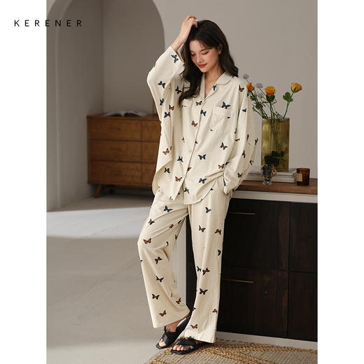可人儿春秋季带bra奥力棉女士长袖长裤睡衣纯棉可外穿家居服套装 商品图2