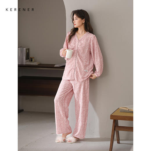 可人儿春秋季带bra泡泡绵女士长袖长裤睡衣可外出小众家居服套装 商品图3