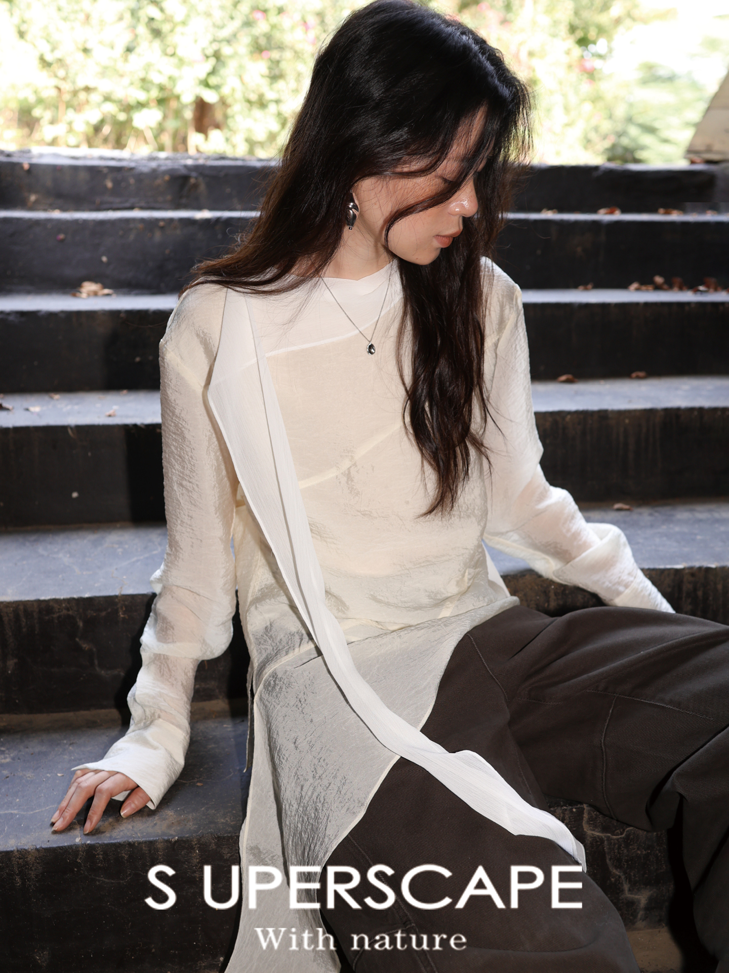 素舶 醋酸光泽感分割剪裁显瘦拼接飘带气质款长袖衬衫