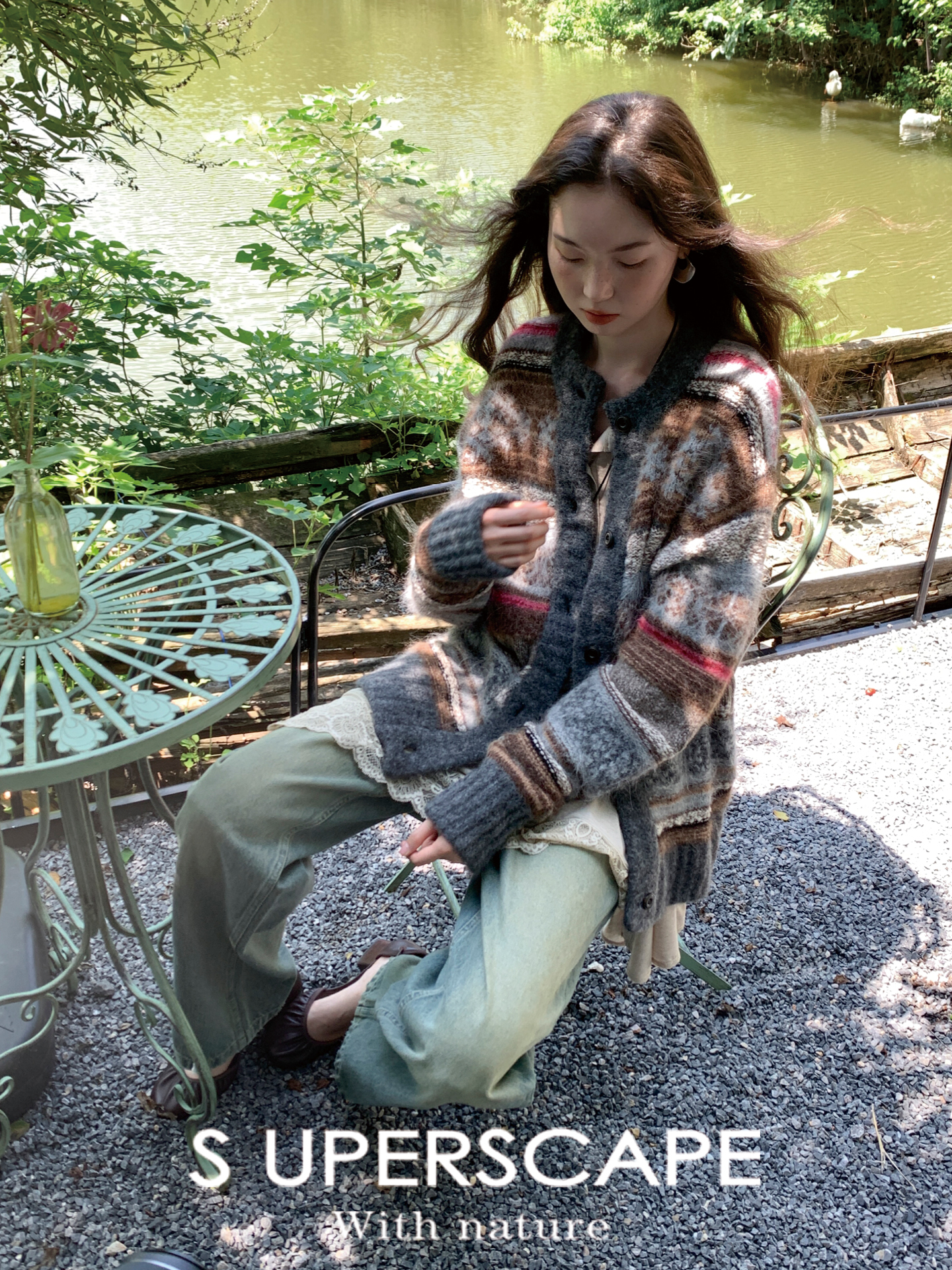 素舶 秘鲁进口SURI羊驼毛肌理羊毛段染渐变费尔岛提花针织开衫