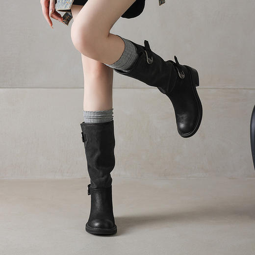 【预售7天】真皮厚底英伦风皮带扣中筒靴子堆堆靴骑士靴女圆头长筒靴KYD&KK12950 商品图4