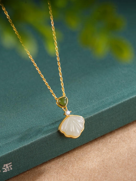 子佩集S925银【秋风杏语】套链【DZ05083】纯银古法银项链贝壳和田玉爱心青玉镀金2509 商品图0