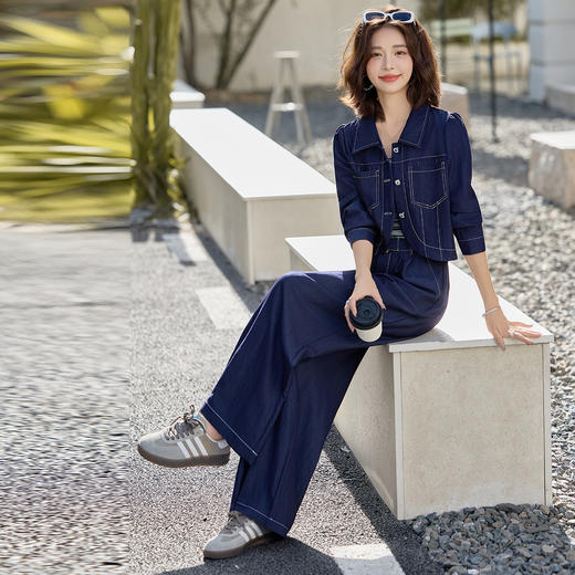 时尚休闲套装，牛仔外套+背心+阔腿裤三件套HR-YLFS9037 商品图2