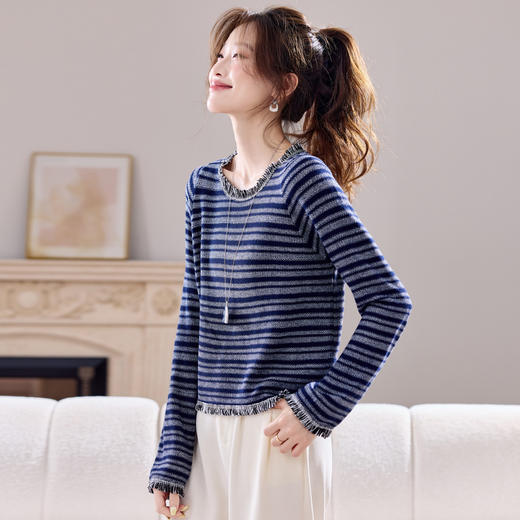 J6881圆领流苏条纹打底衫女内搭2025春秋新款宽松针织衫薄款外穿毛衣 商品图0