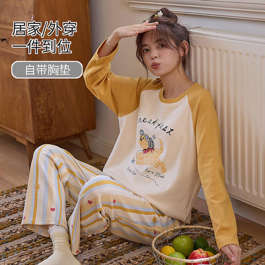 2025新款带胸垫睡衣女士套头长袖卡通可爱春秋季两件套装冬家居服 商品图3