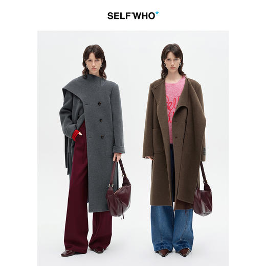 SELFWHO高支高密绵羊毛长款围巾领毛呢外套女2025冬新款保暖大衣 商品图1