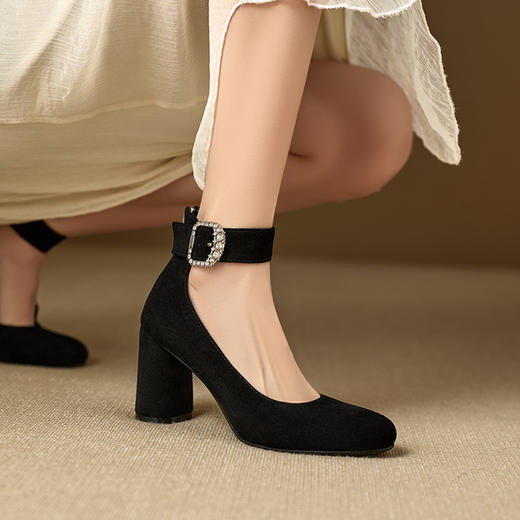 【预售5天】黑色翻毛皮玛丽珍鞋女粗跟法式高跟鞋真皮一字带浅口单鞋MNLS&D2549 商品图2